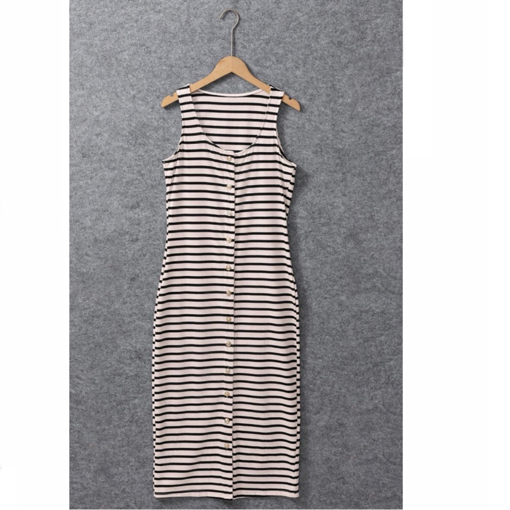 White Striped Print Sleeveless Buttoned Maxi Dress - Picture 7 of 14